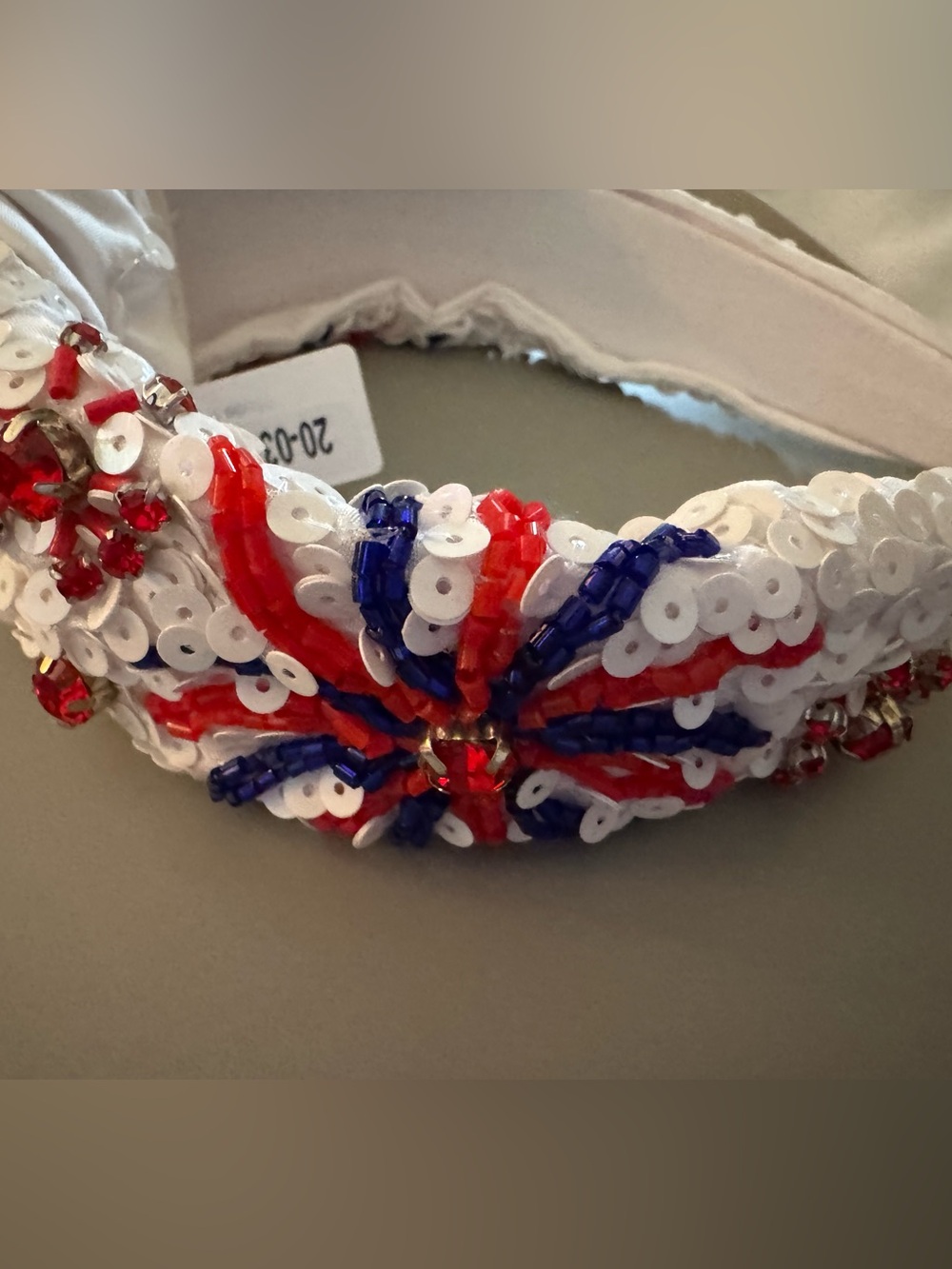 White Headband with Red and Blue Sequin & Bead Embellishment